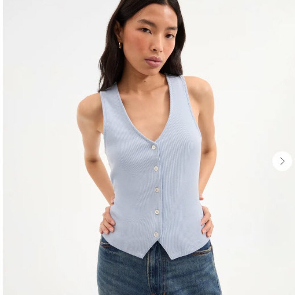 Veronica Beard Light Blue Ribbed Button Front Tank